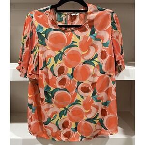 Black Rainn Peach Print Shirt Women's Large Orange Green